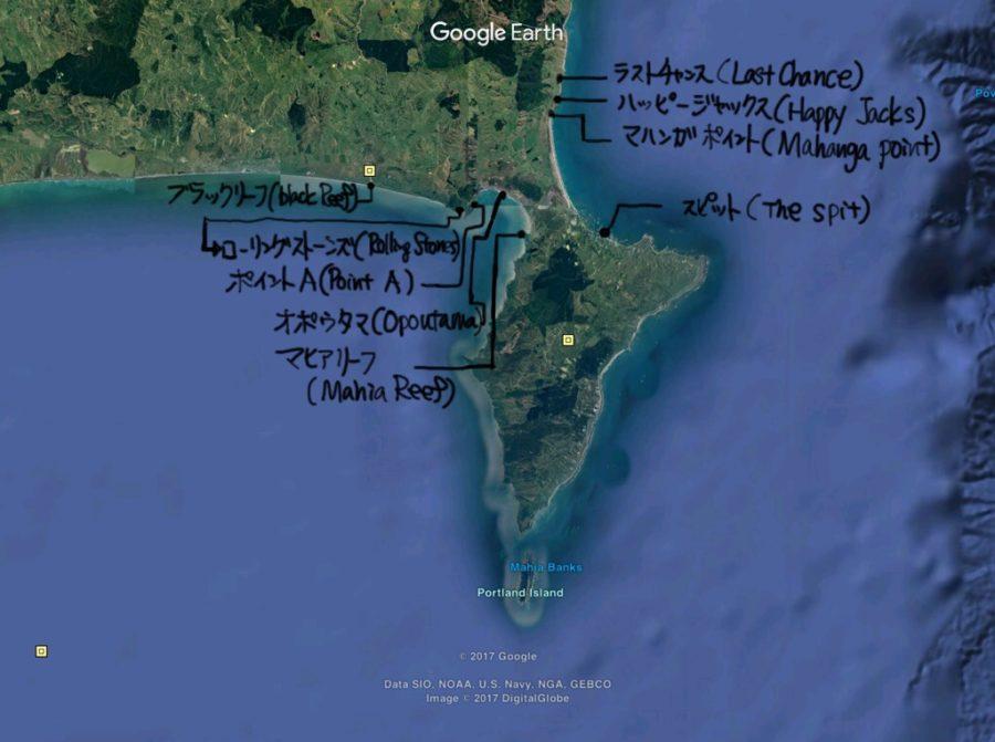 ニュージーランド、マヒアのサーフスポット地図詳細